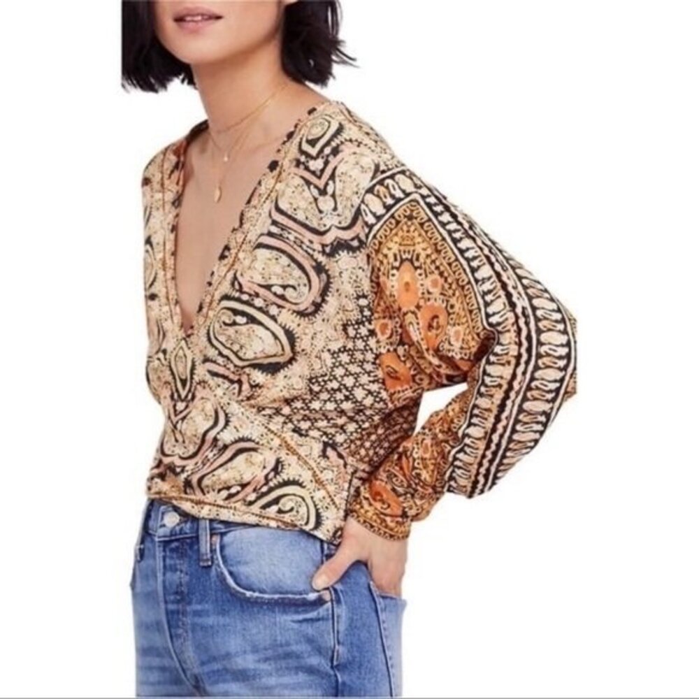 Free People Wild And Free Blouse Orange Black Combo NWT Size Small